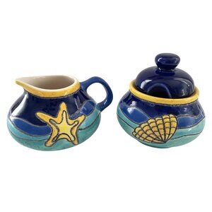 Vintage Artesa Hand Painted Sugar Bowl Creamer Set Coastal Pottery Ecuador